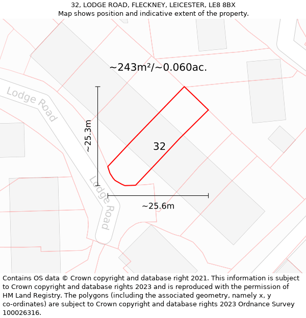 32, LODGE ROAD, FLECKNEY, LEICESTER, LE8 8BX: Plot and title map