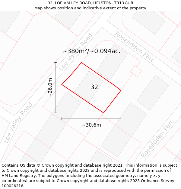 32, LOE VALLEY ROAD, HELSTON, TR13 8UR: Plot and title map