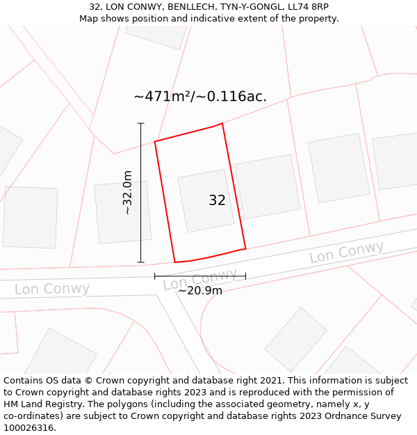 32, LON CONWY, BENLLECH, TYN-Y-GONGL, LL74 8RP: Plot and title map