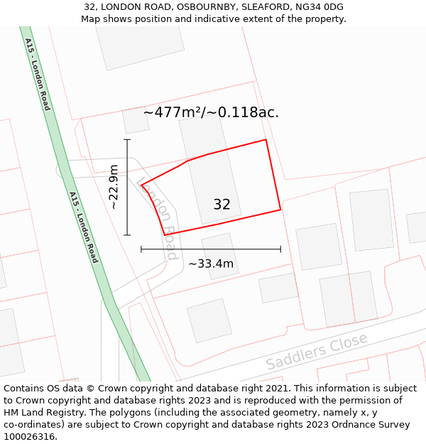 32, LONDON ROAD, OSBOURNBY, SLEAFORD, NG34 0DG: Plot and title map