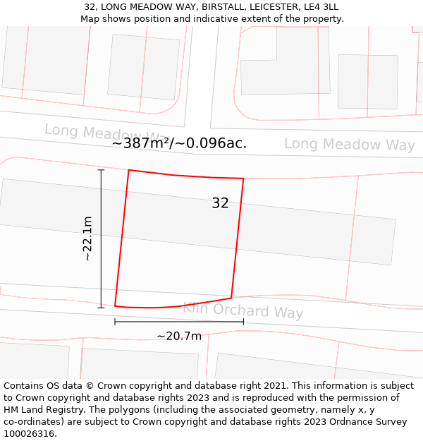 32, LONG MEADOW WAY, BIRSTALL, LEICESTER, LE4 3LL: Plot and title map