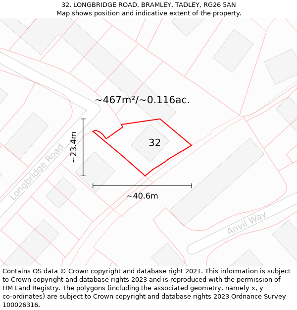 32, LONGBRIDGE ROAD, BRAMLEY, TADLEY, RG26 5AN: Plot and title map