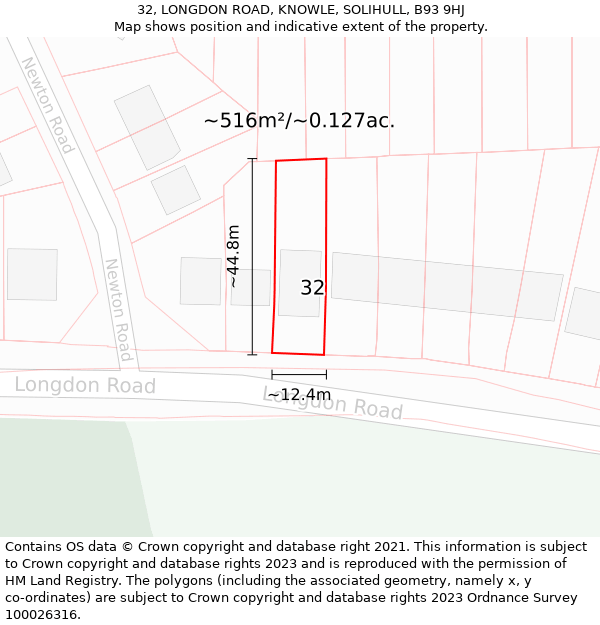 32, LONGDON ROAD, KNOWLE, SOLIHULL, B93 9HJ: Plot and title map