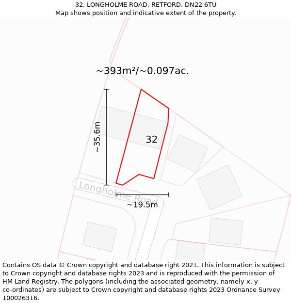 32, LONGHOLME ROAD, RETFORD, DN22 6TU: Plot and title map