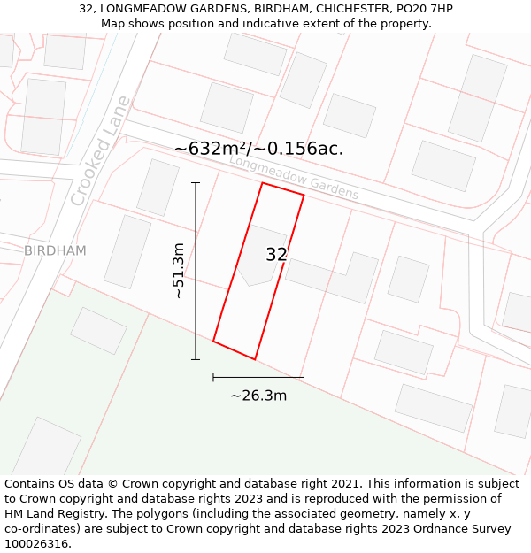 32, LONGMEADOW GARDENS, BIRDHAM, CHICHESTER, PO20 7HP: Plot and title map