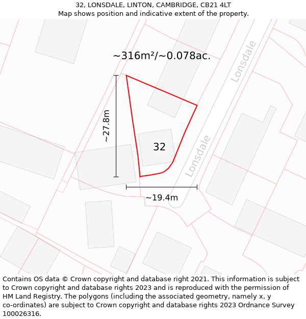 32, LONSDALE, LINTON, CAMBRIDGE, CB21 4LT: Plot and title map