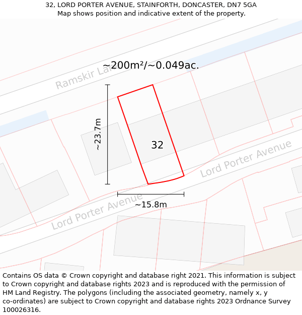 32, LORD PORTER AVENUE, STAINFORTH, DONCASTER, DN7 5GA: Plot and title map