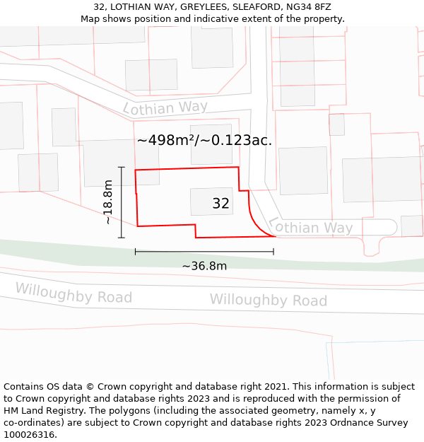 32, LOTHIAN WAY, GREYLEES, SLEAFORD, NG34 8FZ: Plot and title map