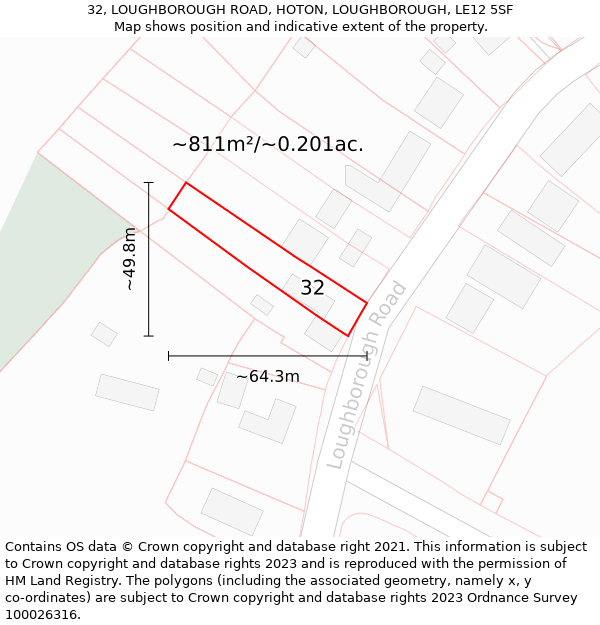 32, LOUGHBOROUGH ROAD, HOTON, LOUGHBOROUGH, LE12 5SF: Plot and title map