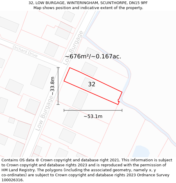 32, LOW BURGAGE, WINTERINGHAM, SCUNTHORPE, DN15 9PF: Plot and title map