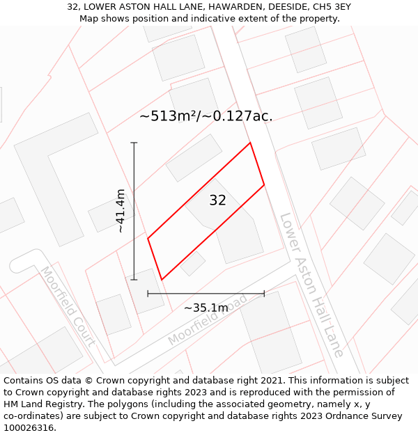 32, LOWER ASTON HALL LANE, HAWARDEN, DEESIDE, CH5 3EY: Plot and title map