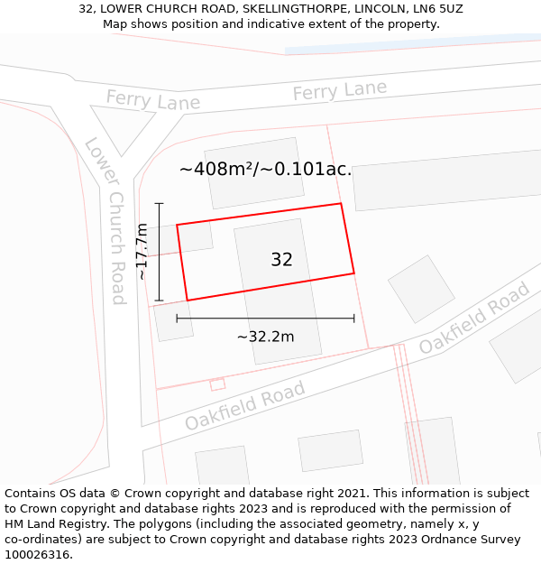 32, LOWER CHURCH ROAD, SKELLINGTHORPE, LINCOLN, LN6 5UZ: Plot and title map
