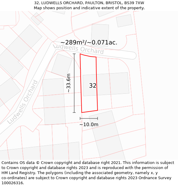 32, LUDWELLS ORCHARD, PAULTON, BRISTOL, BS39 7XW: Plot and title map