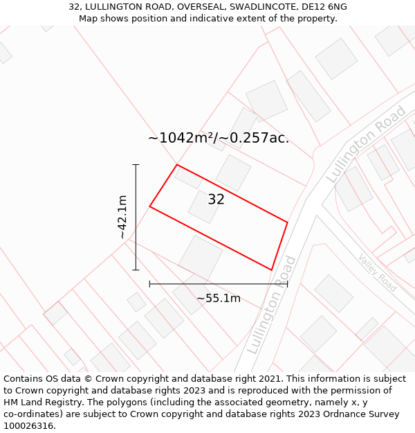 32, LULLINGTON ROAD, OVERSEAL, SWADLINCOTE, DE12 6NG: Plot and title map