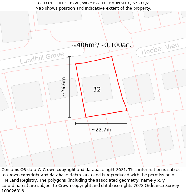 32, LUNDHILL GROVE, WOMBWELL, BARNSLEY, S73 0QZ: Plot and title map