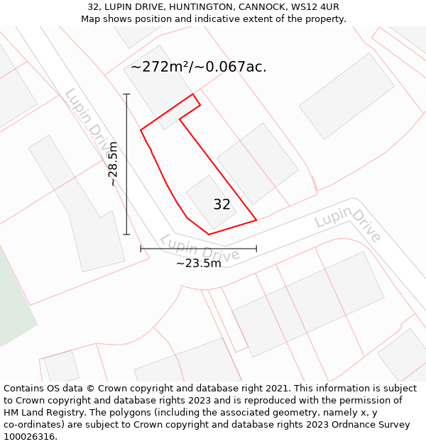 32, LUPIN DRIVE, HUNTINGTON, CANNOCK, WS12 4UR: Plot and title map