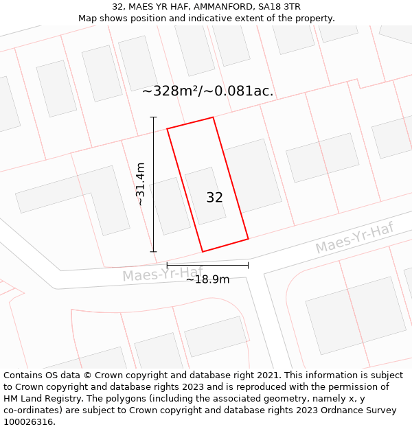 32, MAES YR HAF, AMMANFORD, SA18 3TR: Plot and title map