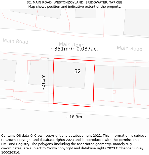 32, MAIN ROAD, WESTONZOYLAND, BRIDGWATER, TA7 0EB: Plot and title map