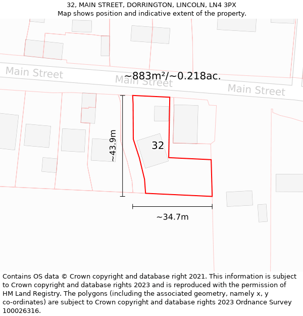 32, MAIN STREET, DORRINGTON, LINCOLN, LN4 3PX: Plot and title map