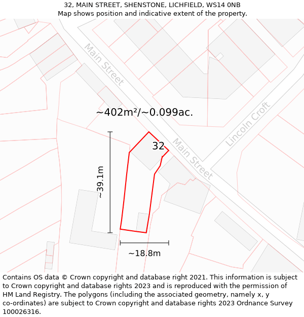 32, MAIN STREET, SHENSTONE, LICHFIELD, WS14 0NB: Plot and title map