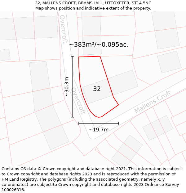 32, MALLENS CROFT, BRAMSHALL, UTTOXETER, ST14 5NG: Plot and title map