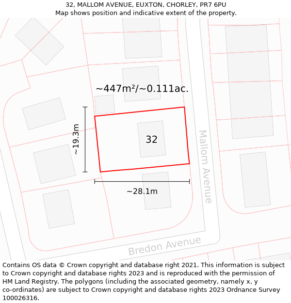 32, MALLOM AVENUE, EUXTON, CHORLEY, PR7 6PU: Plot and title map