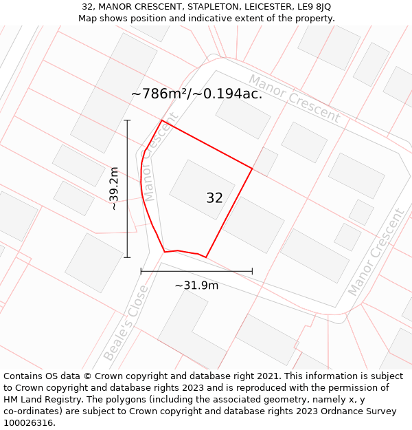 32, MANOR CRESCENT, STAPLETON, LEICESTER, LE9 8JQ: Plot and title map