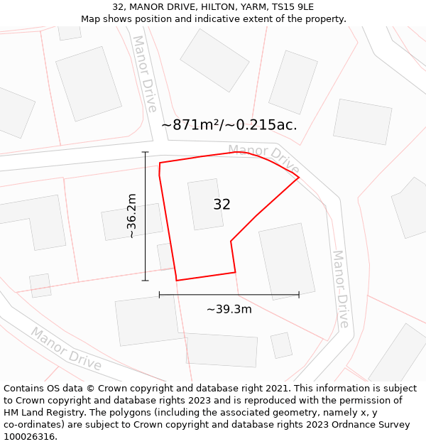 32, MANOR DRIVE, HILTON, YARM, TS15 9LE: Plot and title map