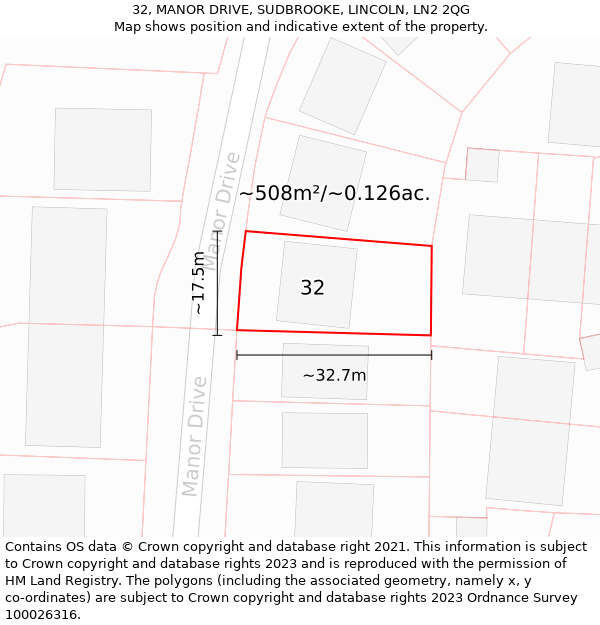 32, MANOR DRIVE, SUDBROOKE, LINCOLN, LN2 2QG: Plot and title map