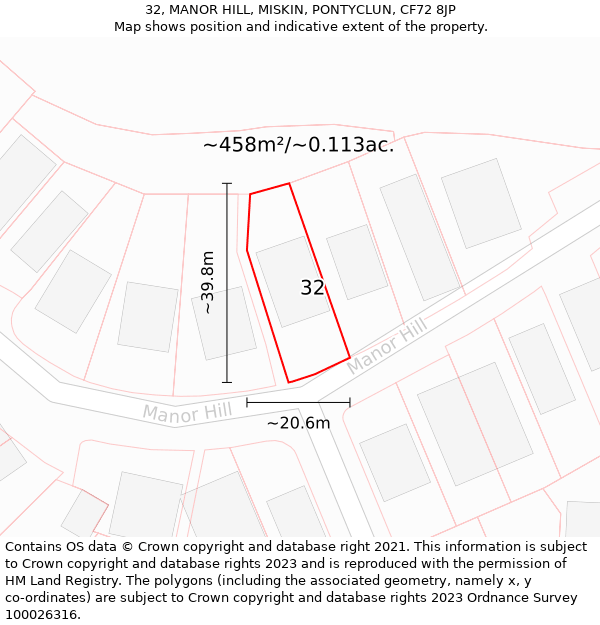 32, MANOR HILL, MISKIN, PONTYCLUN, CF72 8JP: Plot and title map