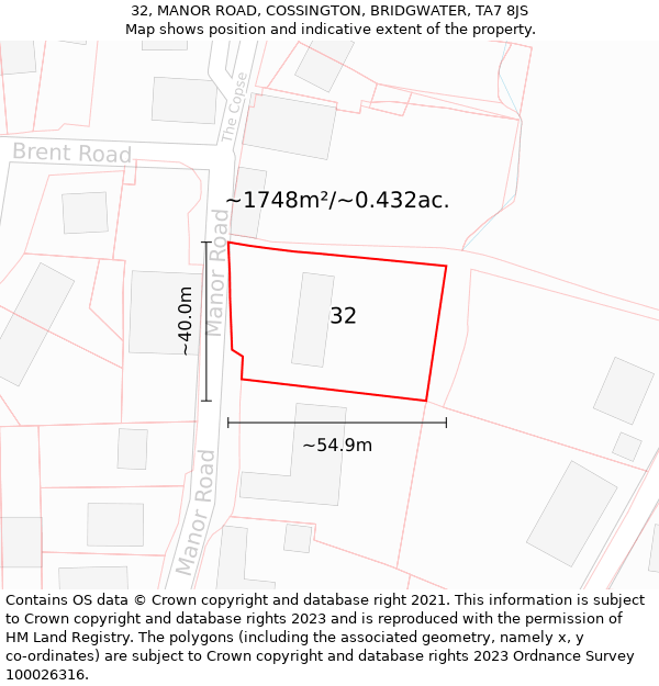 32, MANOR ROAD, COSSINGTON, BRIDGWATER, TA7 8JS: Plot and title map