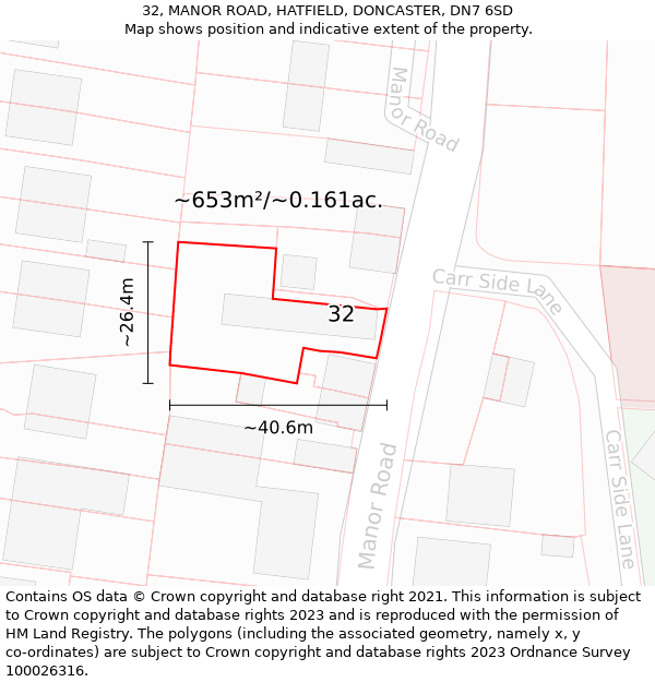 32, MANOR ROAD, HATFIELD, DONCASTER, DN7 6SD: Plot and title map