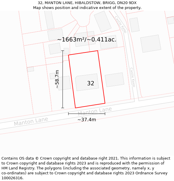 32, MANTON LANE, HIBALDSTOW, BRIGG, DN20 9DX: Plot and title map