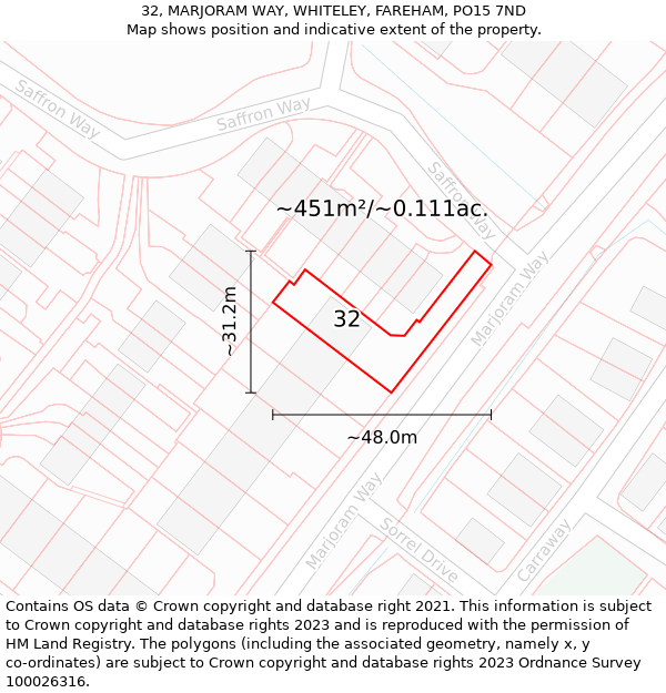 32, MARJORAM WAY, WHITELEY, FAREHAM, PO15 7ND: Plot and title map