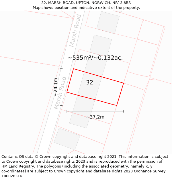 32, MARSH ROAD, UPTON, NORWICH, NR13 6BS: Plot and title map