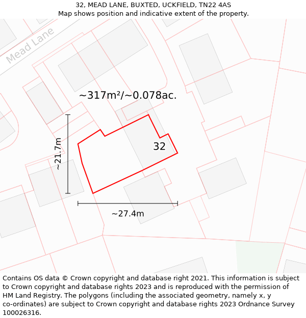 32, MEAD LANE, BUXTED, UCKFIELD, TN22 4AS: Plot and title map