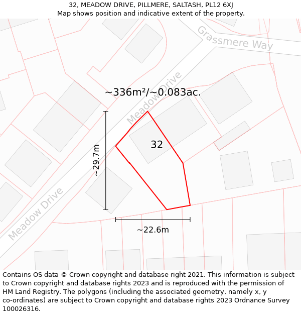 32, MEADOW DRIVE, PILLMERE, SALTASH, PL12 6XJ: Plot and title map