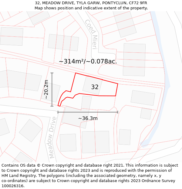 32, MEADOW DRIVE, TYLA GARW, PONTYCLUN, CF72 9FR: Plot and title map