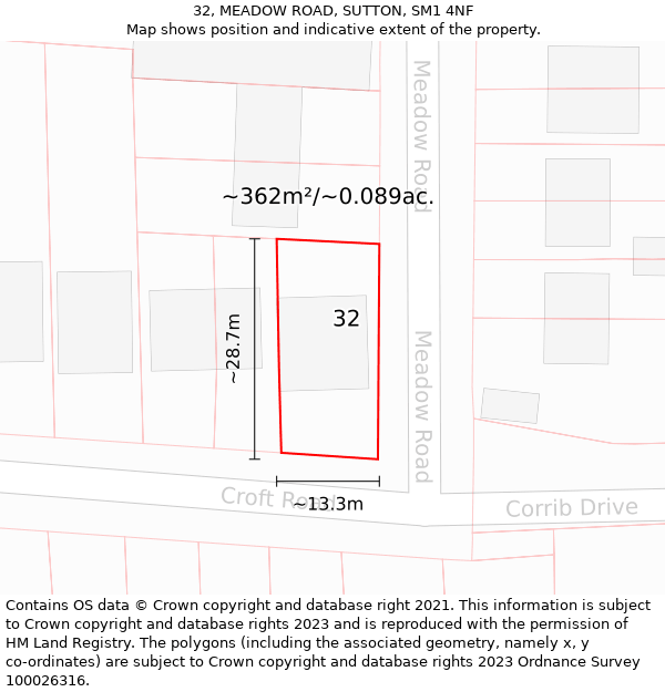 32, MEADOW ROAD, SUTTON, SM1 4NF: Plot and title map