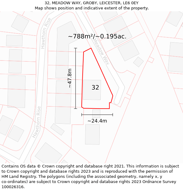 32, MEADOW WAY, GROBY, LEICESTER, LE6 0EY: Plot and title map