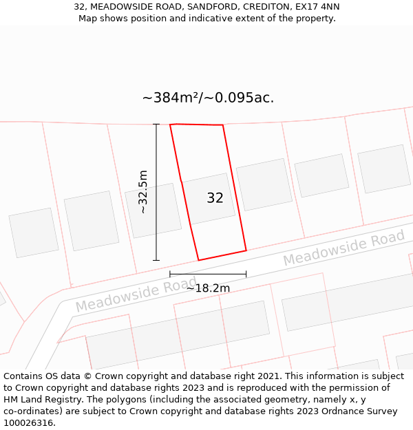 32, MEADOWSIDE ROAD, SANDFORD, CREDITON, EX17 4NN: Plot and title map