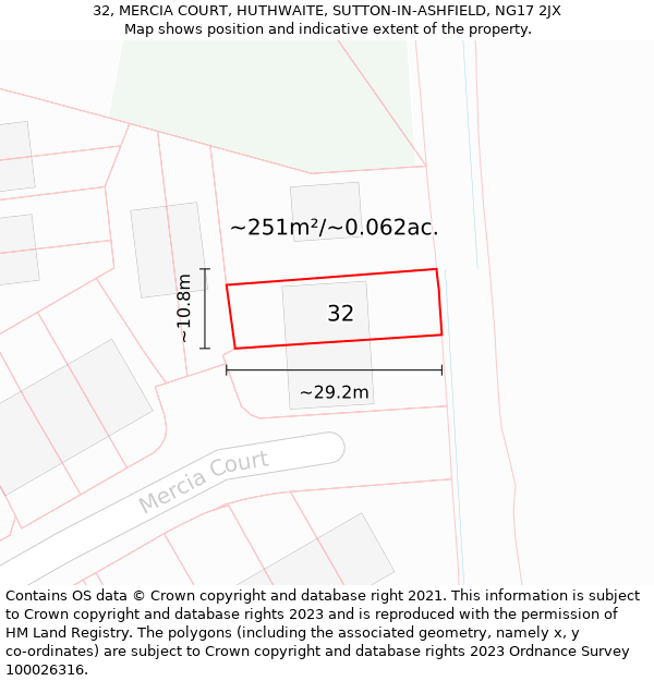 32, MERCIA COURT, HUTHWAITE, SUTTON-IN-ASHFIELD, NG17 2JX: Plot and title map