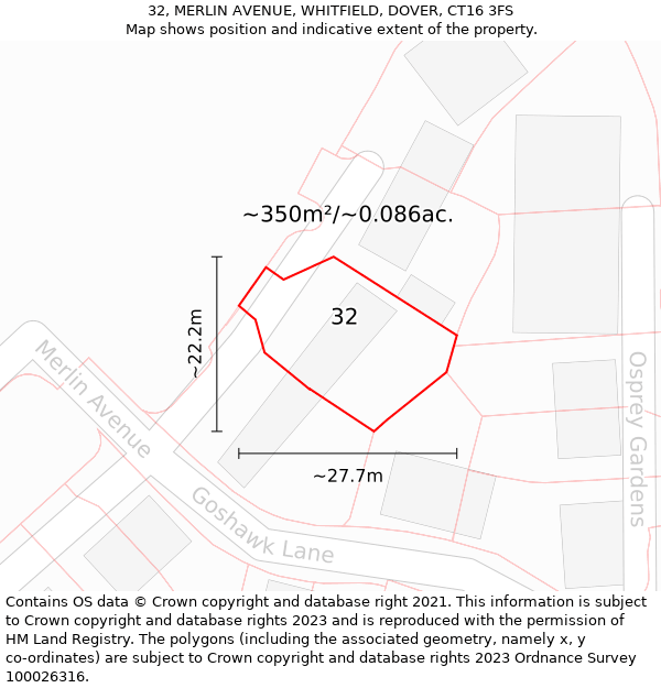 32, MERLIN AVENUE, WHITFIELD, DOVER, CT16 3FS: Plot and title map