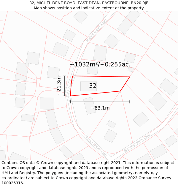 32, MICHEL DENE ROAD, EAST DEAN, EASTBOURNE, BN20 0JR: Plot and title map