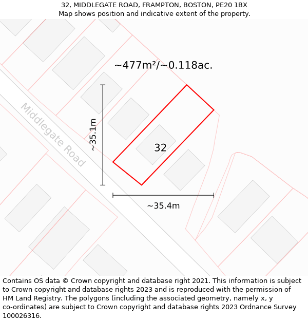 32, MIDDLEGATE ROAD, FRAMPTON, BOSTON, PE20 1BX: Plot and title map