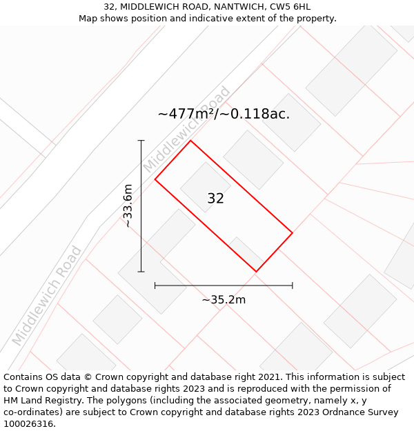 32, MIDDLEWICH ROAD, NANTWICH, CW5 6HL: Plot and title map