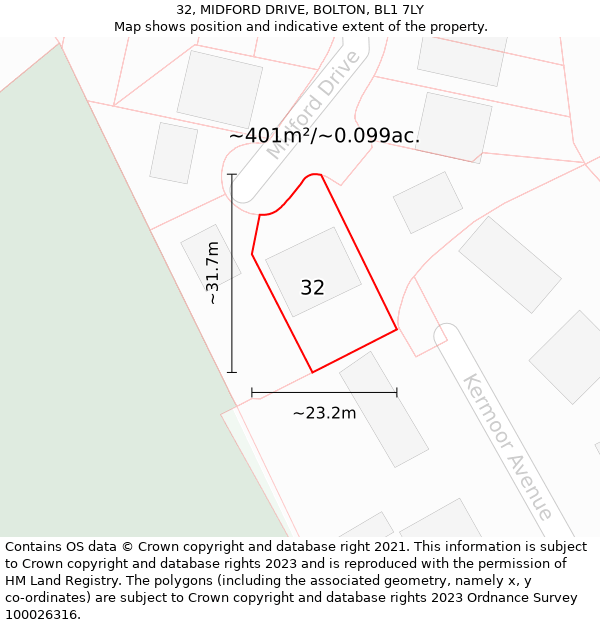 32, MIDFORD DRIVE, BOLTON, BL1 7LY: Plot and title map