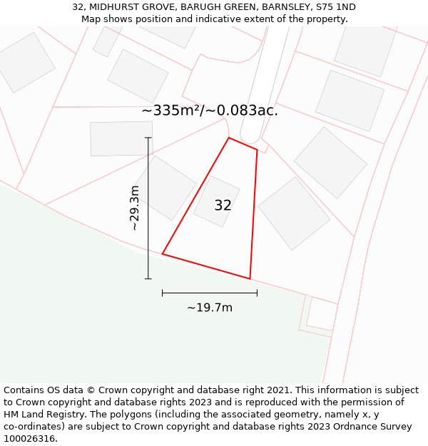 32, MIDHURST GROVE, BARUGH GREEN, BARNSLEY, S75 1ND: Plot and title map