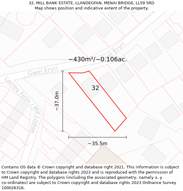 32, MILL BANK ESTATE, LLANDEGFAN, MENAI BRIDGE, LL59 5RD: Plot and title map