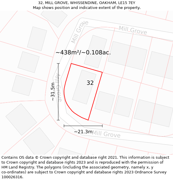 32, MILL GROVE, WHISSENDINE, OAKHAM, LE15 7EY: Plot and title map